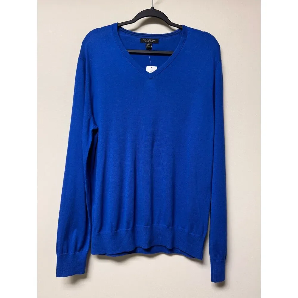 NWT - BANANA REPUBLIC Silk, Cotton, Cashmere V-Neck Sweater, Cobalt, Sz L
